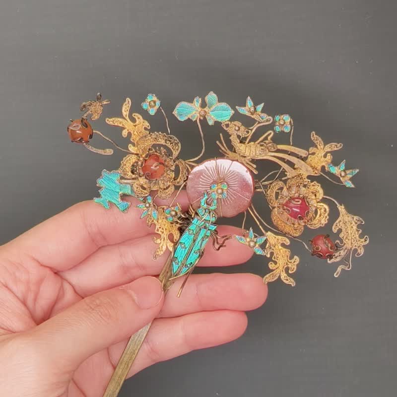 多子多孙老鎏金点翠发簪–  纯古董 SA-089 - 其他 - 其他材质 蓝色