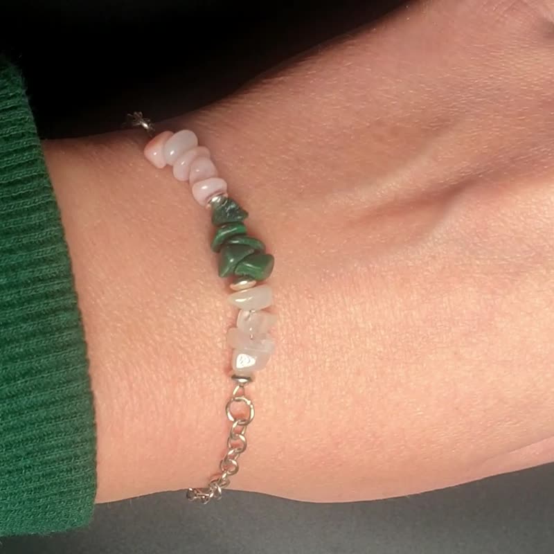 Taurus birthstone bracelet, 925 silver, Opal, Malachite, Moonstone, Mother's Day - 手链/手环 - 宝石 多色