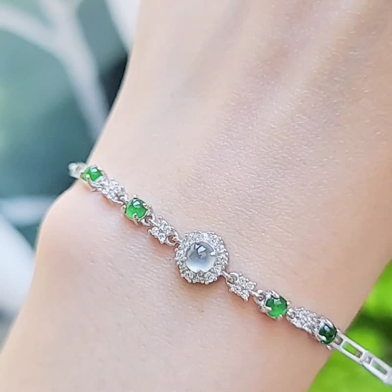 缅甸a货翡翠高冰玻天空蓝杠蛋面4.5mm纯银镀18k白手链 - 手链/手环 - 玉石 