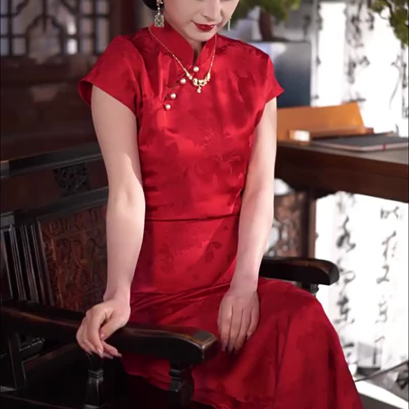 婀娜 酒紅色訂婚改良旗袍 日常可穿高端國風氣質 新娘敬酒服 - 旗袍 - 聚酯纤维 红色
