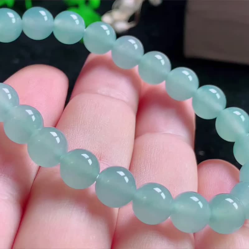 冰种翡翠天然翡翠 A玉 玉珠 玉链手链 • 冰种冰蓝翡翠手串 - 手链/手环 - 玉石 蓝色