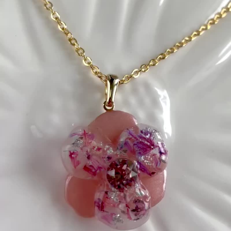 干花和水晶项链　粉色 - 项链 - 树脂 粉红色
