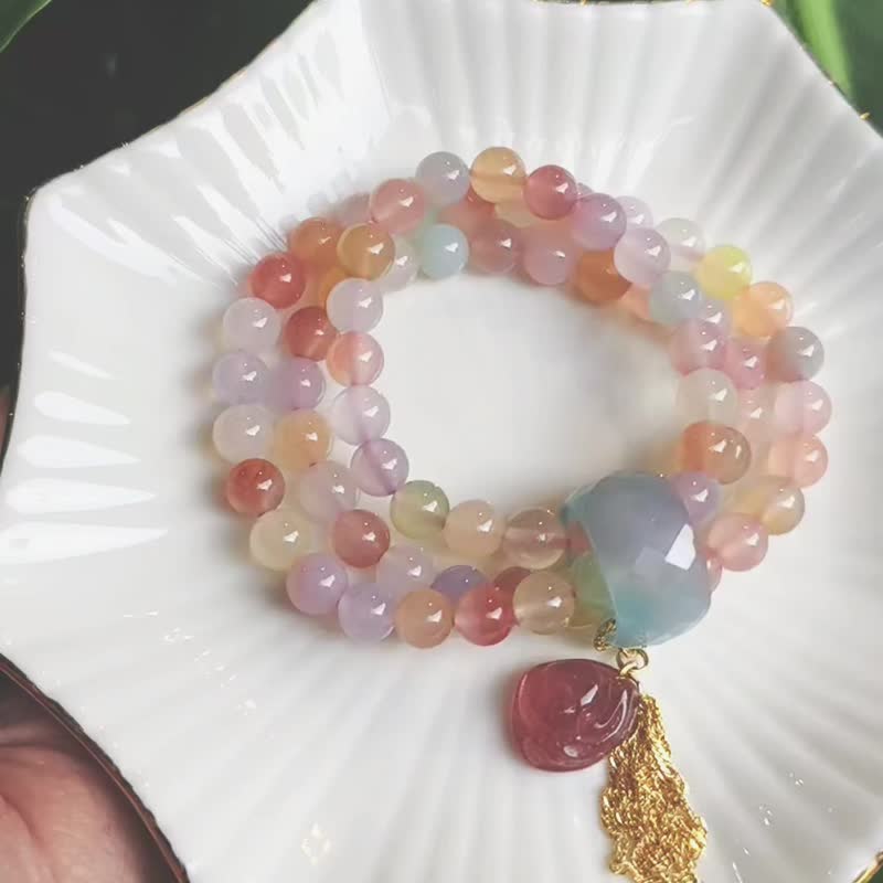 顶级彩虹玛瑙 蓝玉瓍戒 碧玺 招财 七脉轮 3 圈手链 单品 礼物 - 手链/手环 - 宝石 多色