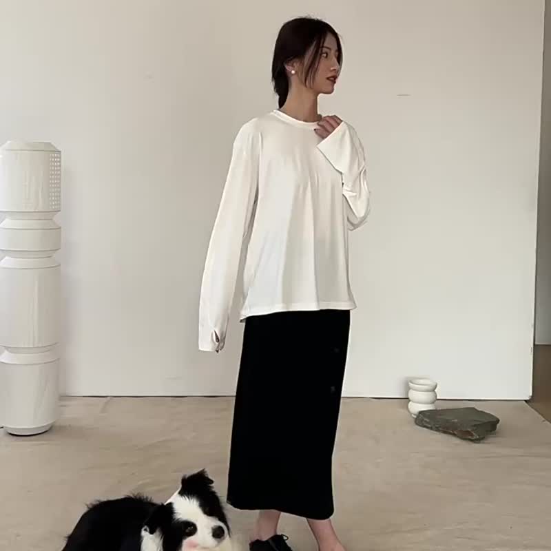 皎月白 3色 敲好穿的内搭T恤 必入铜氨丝纯色露指宽松圆领上衣 - 女装 T 恤 - 其他人造纤维 白色