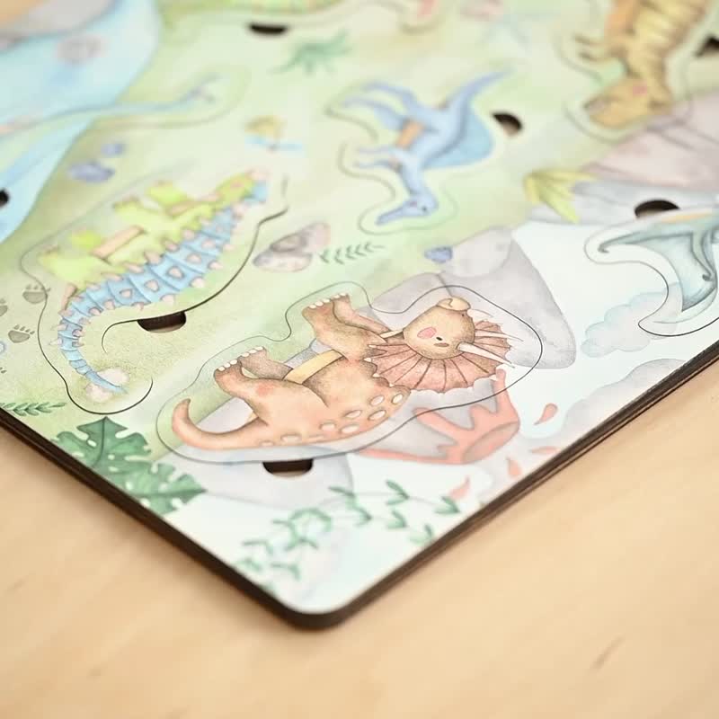 木制蒙特梭利恐龙拼图益智玩具带汽车学前玩具 - 玩具/玩偶 - 木头 多色