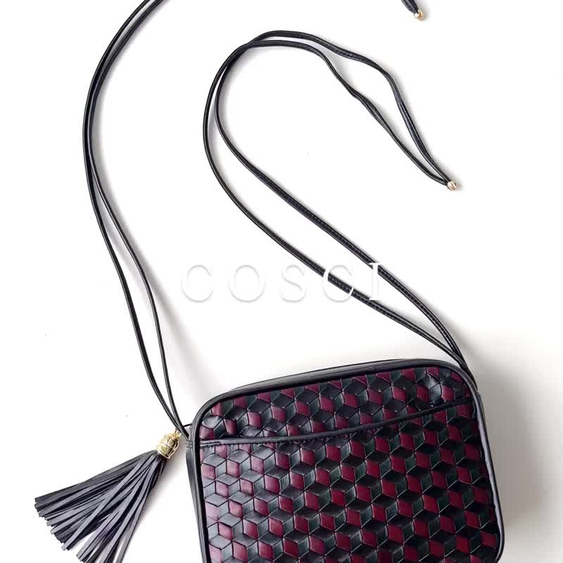 COSCI黑x红x绿三色真皮编织侧背包F90 vintage - 侧背包/斜挎包 - 真皮 