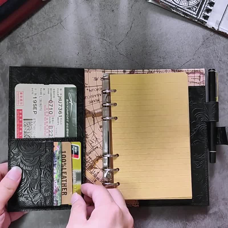 带封面的活页夹 系统日记 牛皮皮革笔记本 活页 笔架 A6 卡槽 - 笔记本/手帐 - 真皮 红色