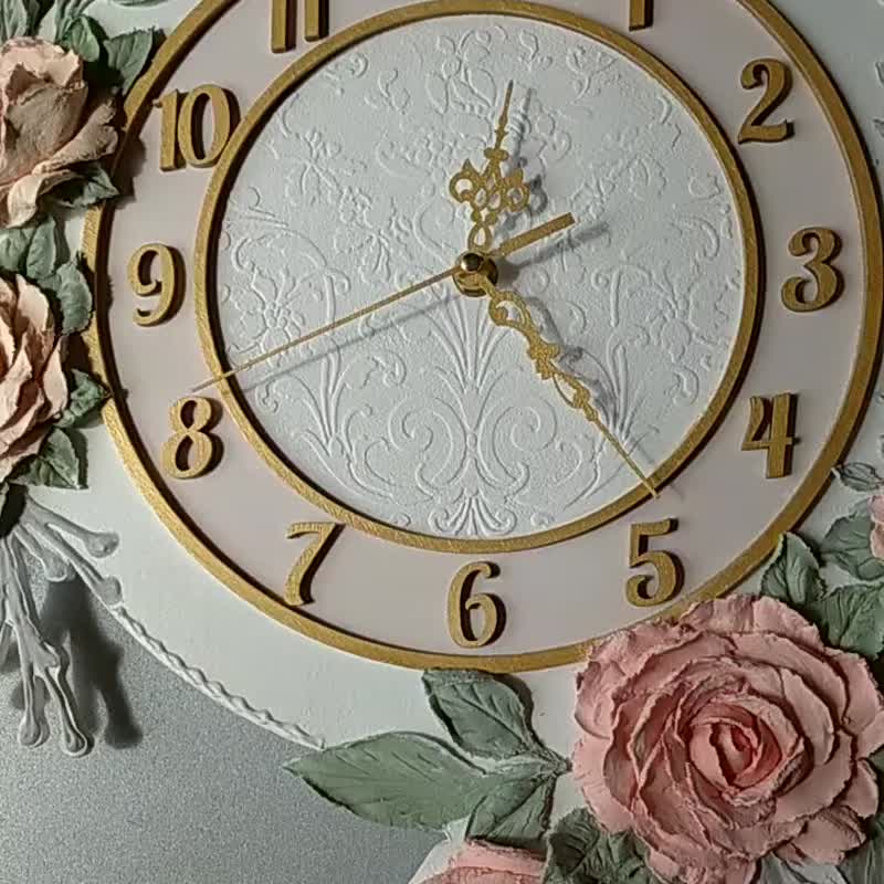 挂钟 女孩幼儿园挂钟 大型白色玫瑰挂钟 静音时钟 - 儿童家具 - 木头 白色