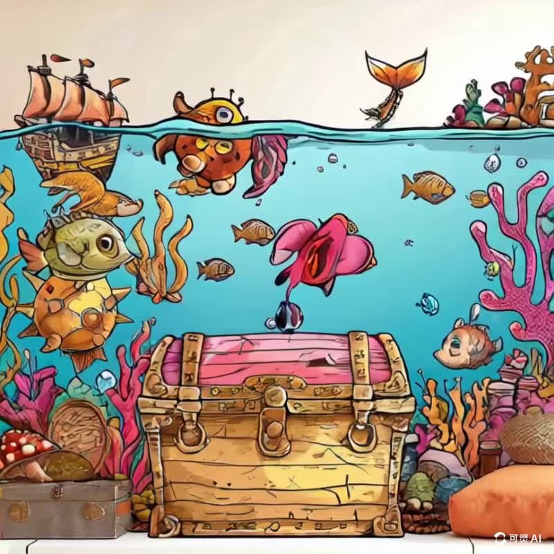 海底宝藏奇遇/童趣动漫风微喷画/冒险海洋世界/儿童房欢乐挂画 - 海报/装饰画/版画 - 棉．麻 