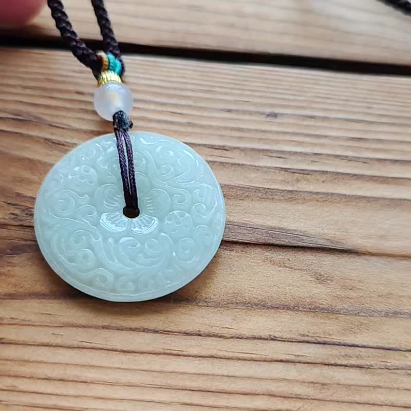 【亲翠】天然翡翠  白冰仿古雕花平安扣调整式绳链【B】 - 项链 - 玉石 多色