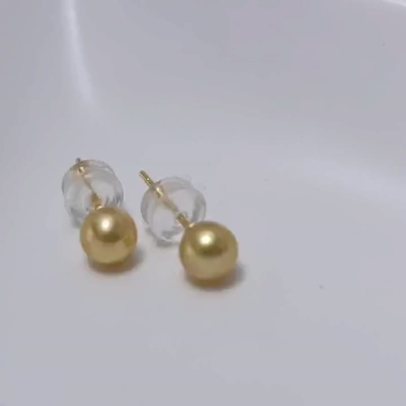 金珠 天然海水珍珠 南洋金珠  S925银14K注金 耳钉 - 耳环/耳夹 - 珍珠 金色