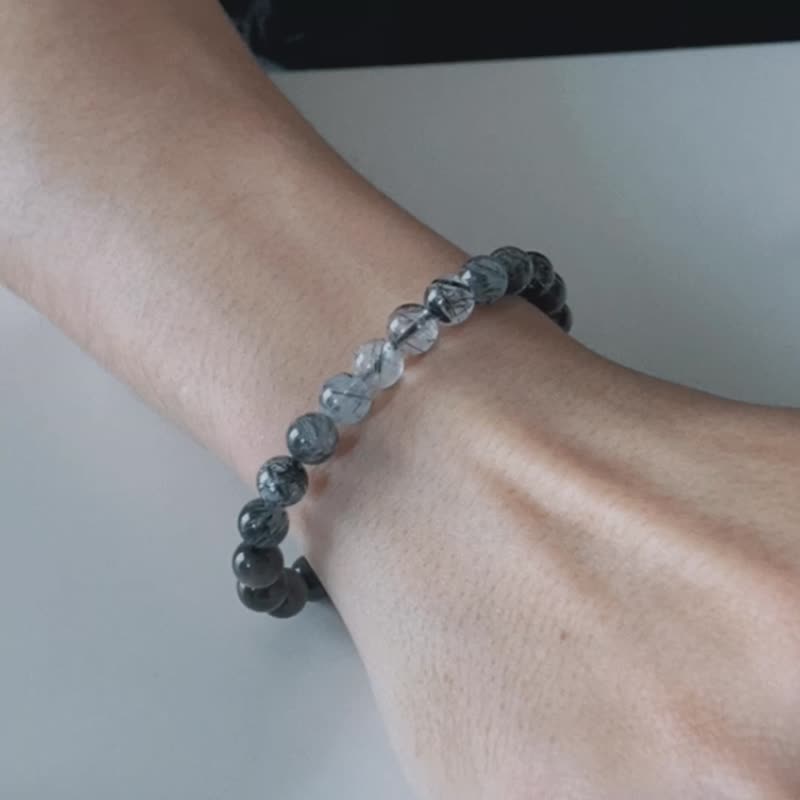 Unisex | 极昼系 - 黑夜 * 黑发晶 彩红黑曜石 挡煞 除负能 手链 - 手链/手环 - 水晶 黑色