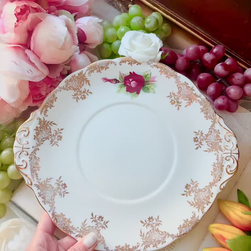 英国制1960年Royal Standard古董手绘玫瑰蛋糕盘 点心盘 生日送礼 - 盘子/餐盘/盘架 - 瓷 多色