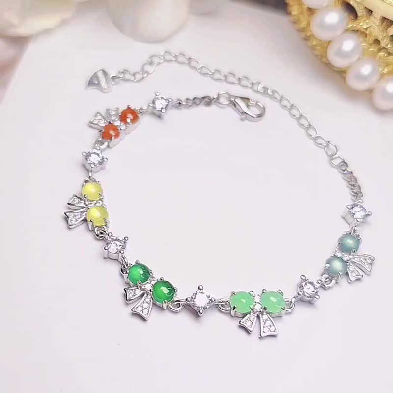 |转运彩虹仙女|A货翡翠冰玻多宝彩虹蛋面4mm纯银蝴蝶结手链 - 手链/手环 - 玉石 