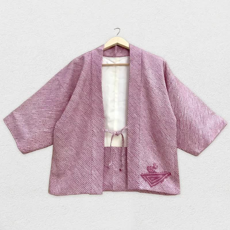 玫瑰红真丝羽织外套　绞缬扎染　和服式开衫　日本制 - 女装休闲/机能外套 - 丝．绢 红色