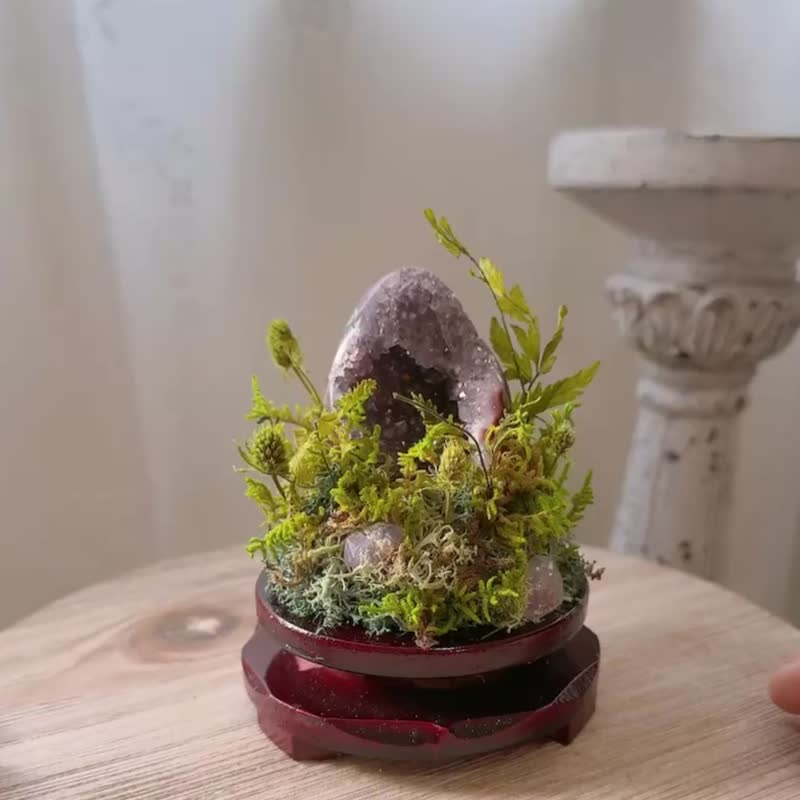 山景缭绕 小观景台。旋转盘 紫水晶洞 永生叶材 - 植栽/盆栽 - 水晶 紫色