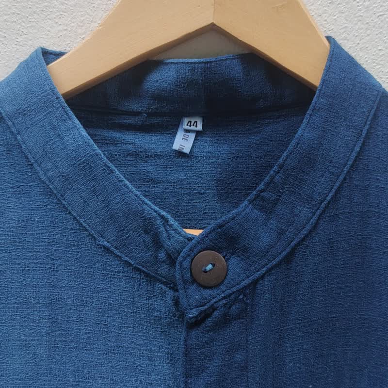 Mandarin Collar 2 Half - 靛蓝色扎染长连衣裙 - 洋装/连衣裙 - 棉 蓝色
