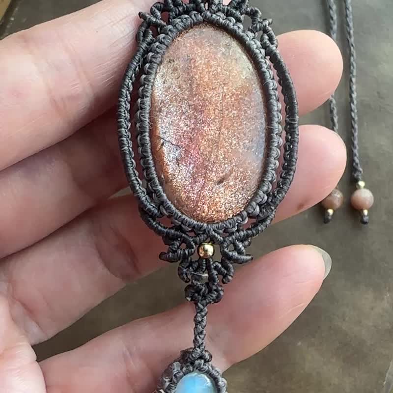 N1187 民族风 蜡线编织 太阳石 月亮石 铜珠 颈链 (可调长度) - 项链 - 宝石 灰色