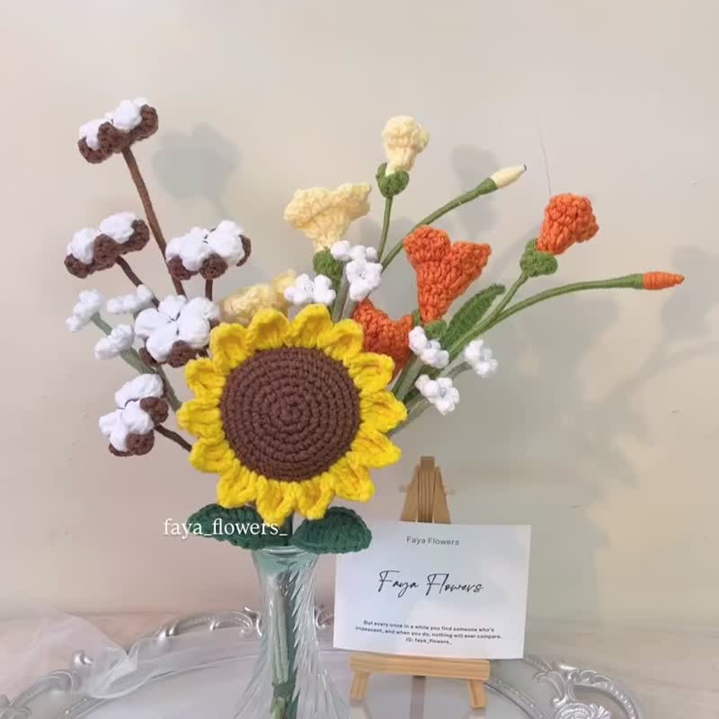 手工针织花束【葵花小苍兰】针织花 仪式感 生活 摆设 花束 永生 - 干燥花/捧花 - 棉 橘色