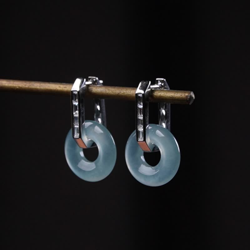 放光玻璃种蓝水翡翠甜甜圈耳环 925纯银 | 天然翡翠A货 | 送礼 - 耳环/耳夹 - 玉石 蓝色