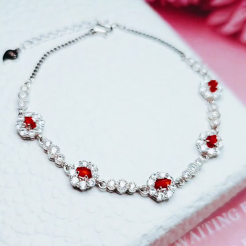 |招财•幸福|缅甸A货翡翠天然无烧冰玻红翡随形纯银多颗手链 - 手链/手环 - 玉石 