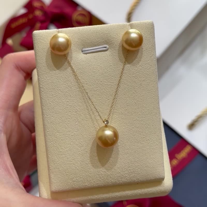 日本直送 11mm 南洋金珠 浓金 18k 黄金 钻石 0.03ct 吊坠项链 45cm - 项链 - 珍珠 金色