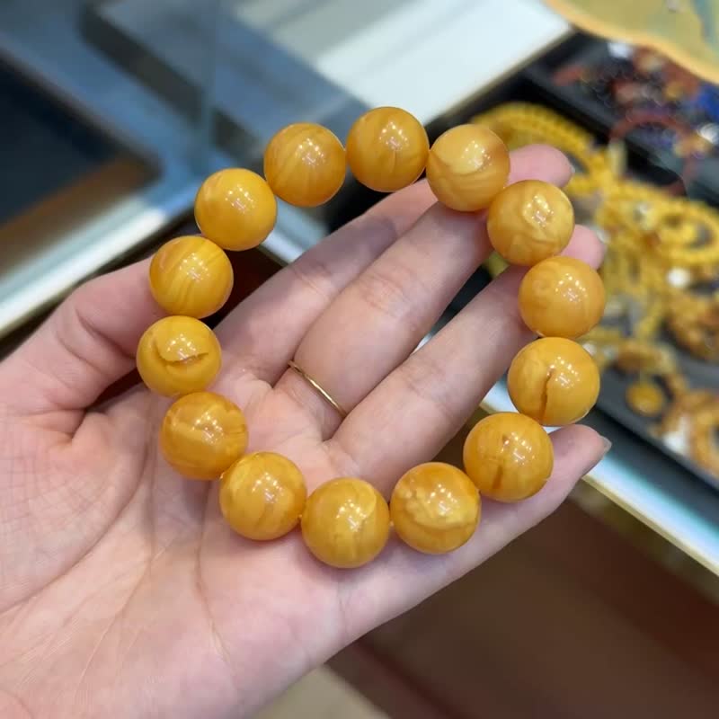 收藏级 天然俄料妖花老蜜蜡16MM单圈手串 妖花老蜜蜡 蜡质浓厚 - 手链/手环 - 水晶 