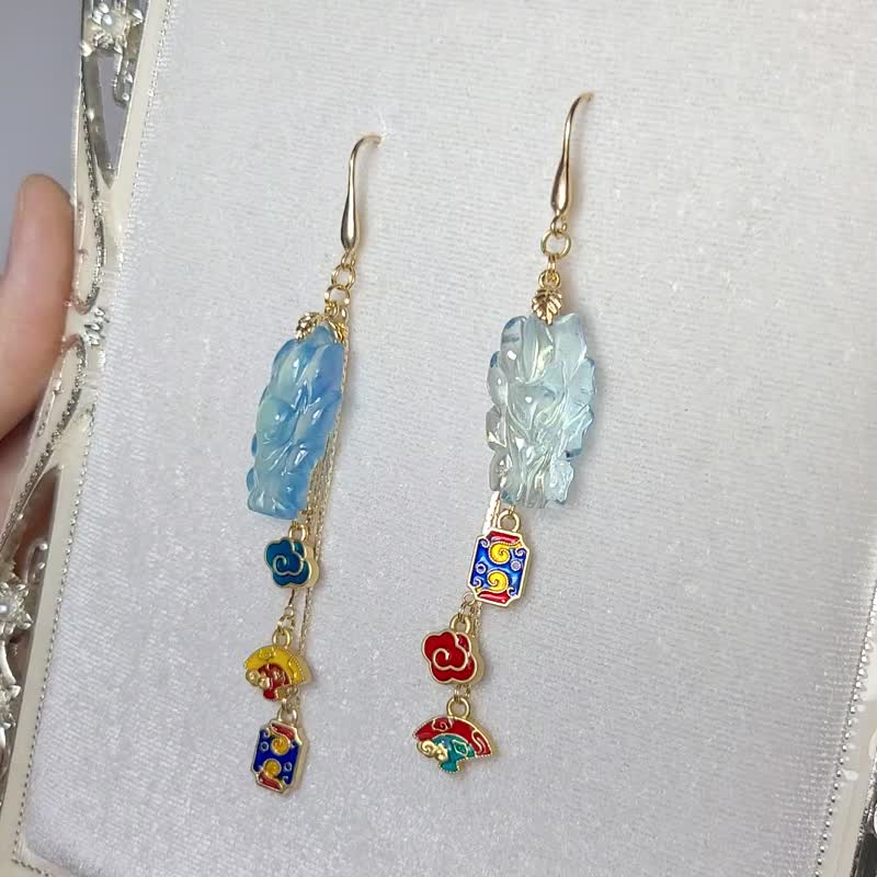 天然 冰种 海蓝宝 九尾狐 珐琅多宝 扇善 云 人缘 事业 耳环 单品 - 耳环/耳夹 - 宝石 多色