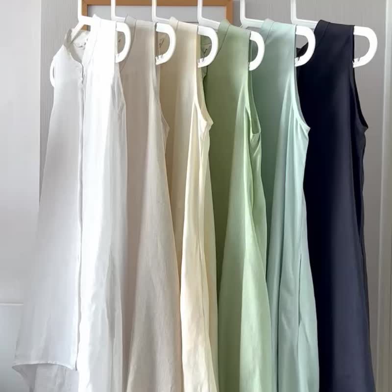 亚麻连身裙，鱼尾设计，立领，无袖，奶油白（cream）色（浅黄色） - 洋装/连衣裙 - 亚麻 黄色