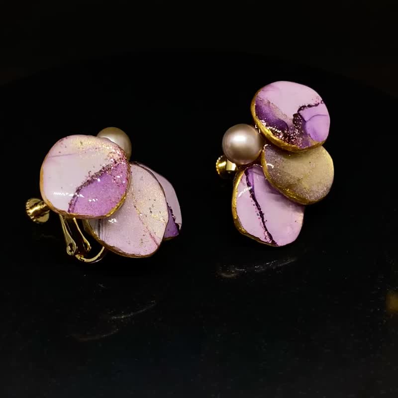 酒精墨水画 珍珠耳夹 - Purple - 耳环/耳夹 - 珍珠 紫色