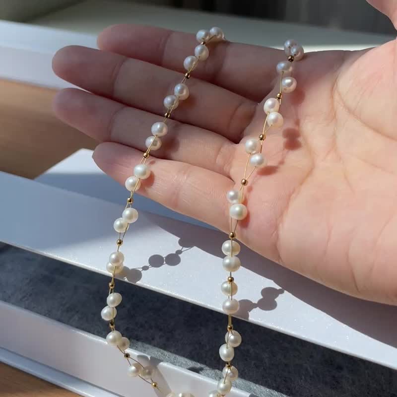 品牌订制款 天然淡水珍珠编织项链 锁骨链 316L医疗钢18k金 - 项链 - 珍珠 金色
