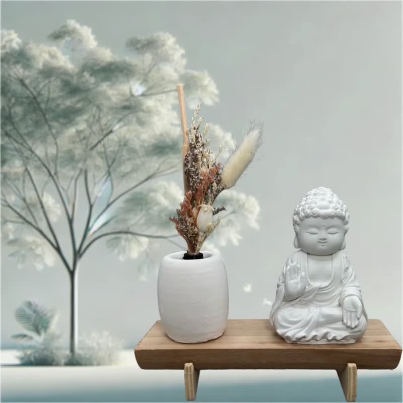 文青简约风 净念吉祥之向德小佛 原木底座系列 搭配永生花瓶 - 香薰/精油/线香 - 水泥 白色