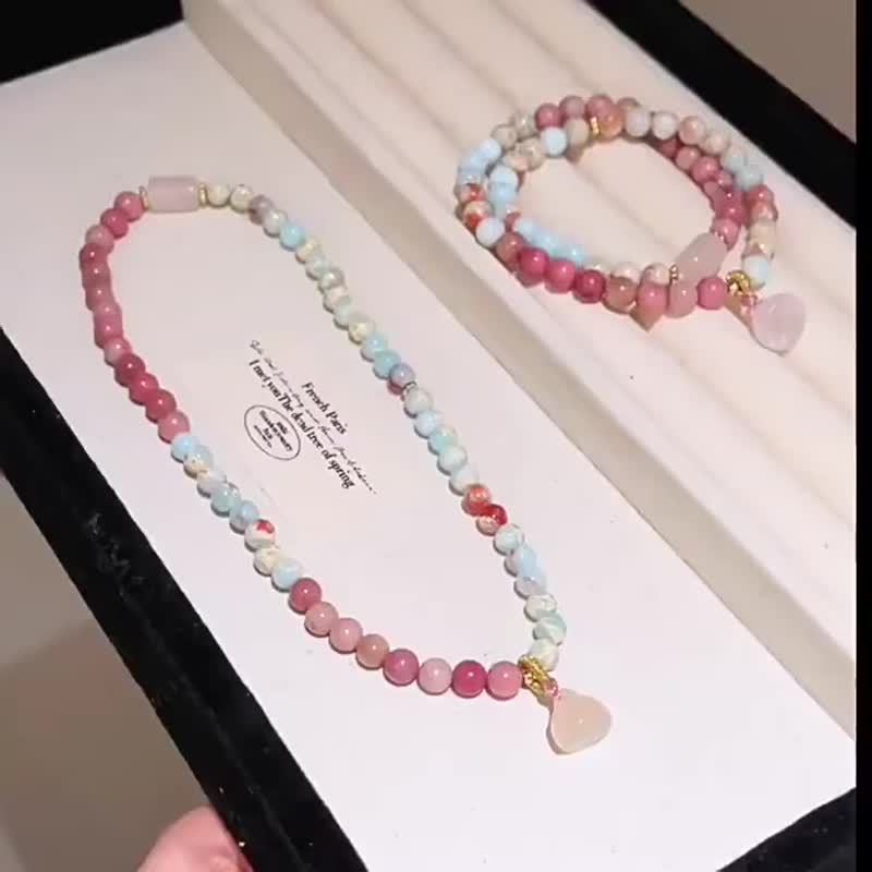 新中式寿山石双圈手链女水晶小众精致高级感莲蓬红纹石手串手饰品 - 手链/手环 - 玉石 粉红色