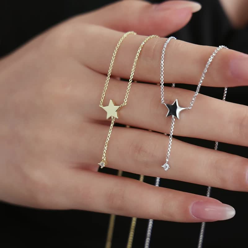星星垂坠感锆石纯银项链 - 项链 - 纯银 金色