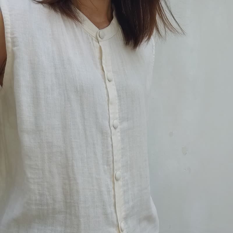 Grace White - 手工棉质纽扣白衬衫 - 女装上衣 - 棉．麻 白色