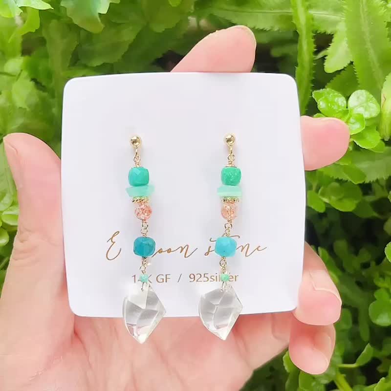 稀少爪牙型 天然白水晶 土耳其蓝绿松石耳环 - 耳环/耳夹 - 水晶 绿色