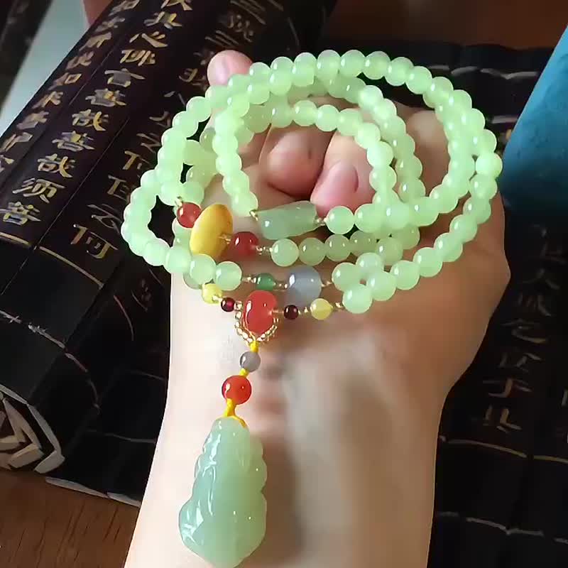 和田玉若羌黄口料6毫米108颗佛珠 多圈手链 朝珠项链 - 手链/手环 - 水晶 