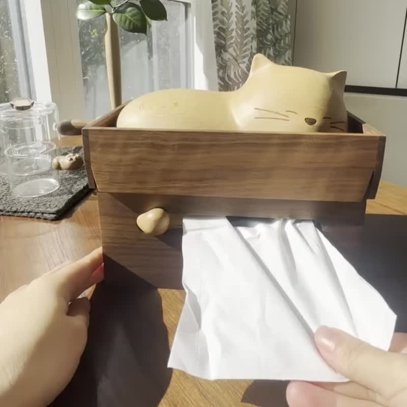 喵有型可爱猫咪纸巾盒实木摆件抽纸巾盒客厅餐厅创意圣诞新年礼物 - 纸巾盒 - 木头 