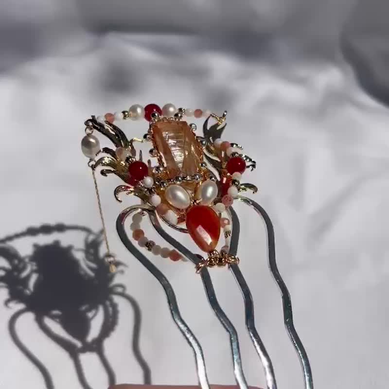 水晶玛瑙双面金属编织_发梳梳簪_古风饰品_天然石_矿石_保色镀金 - 其他 - 半宝石 