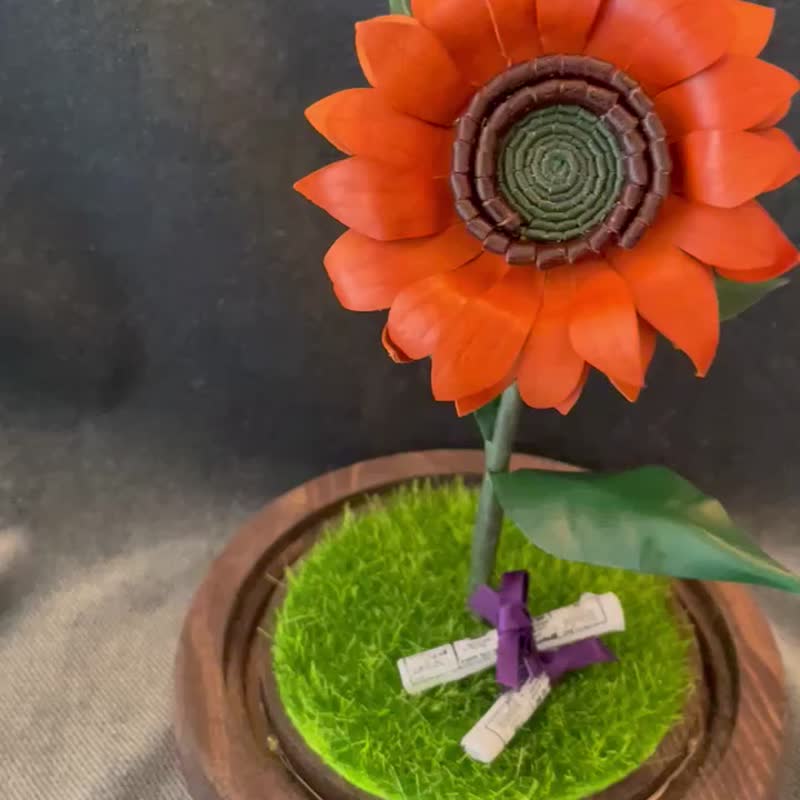 【毕业花】老师礼物 皮革太阳花 | 橙色中码 | 可亮灯木底座 - 摆饰 - 真皮 橘色