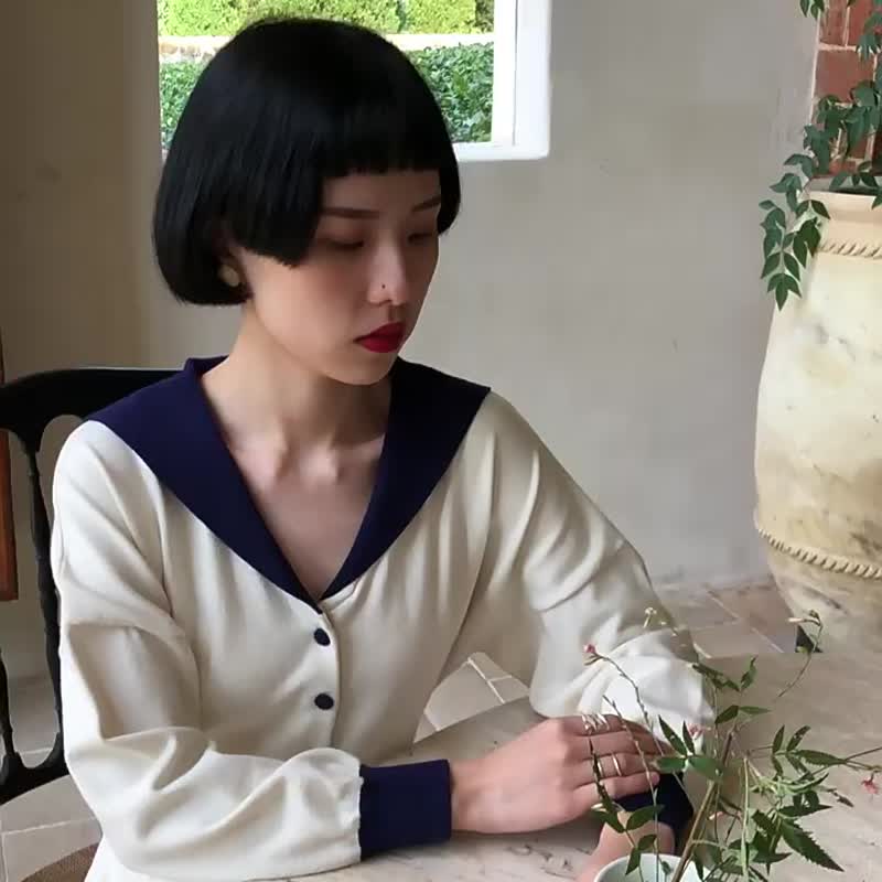 奶黃色 法式復古撞色娃娃領針織洋裝 大V領高彈力腰帶修身連身裙 - 洋装/连衣裙 - 棉 黄色