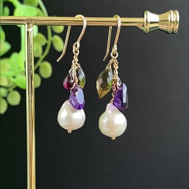 【14KGF】midnight glints – 大颗珍珠与天然石耳环 - 耳环/耳夹 - 半宝石 多色