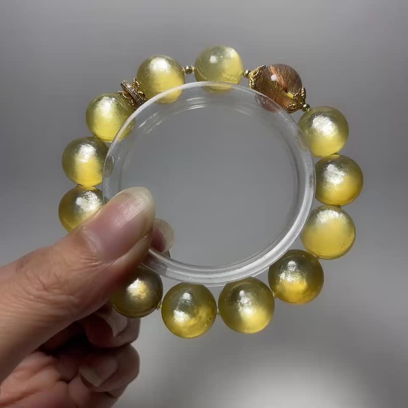 天然矿石 顶级黄金锂云母14 mm 红铜钛 925纯银 手链 - 手链/手环 - 宝石 黄色
