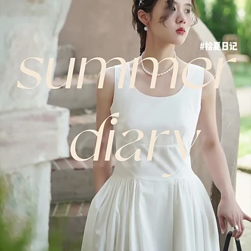 雲朵白 白色薔薇 法式文藝U型領背心裙洋裝 收腰大裙擺通勤連身裙 - 洋装/连衣裙 - 棉．麻 白色