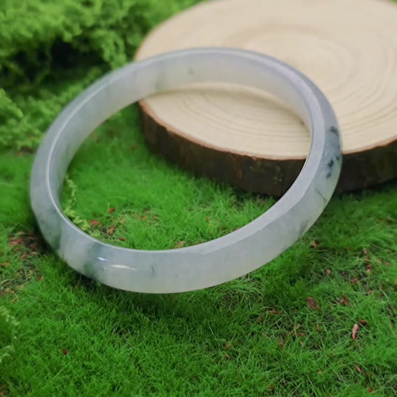 招财•特色•疗愈|泼墨冰蓝飘花|缅甸A货翡平安手镯#55#18 - 手链/手环 - 玉石 