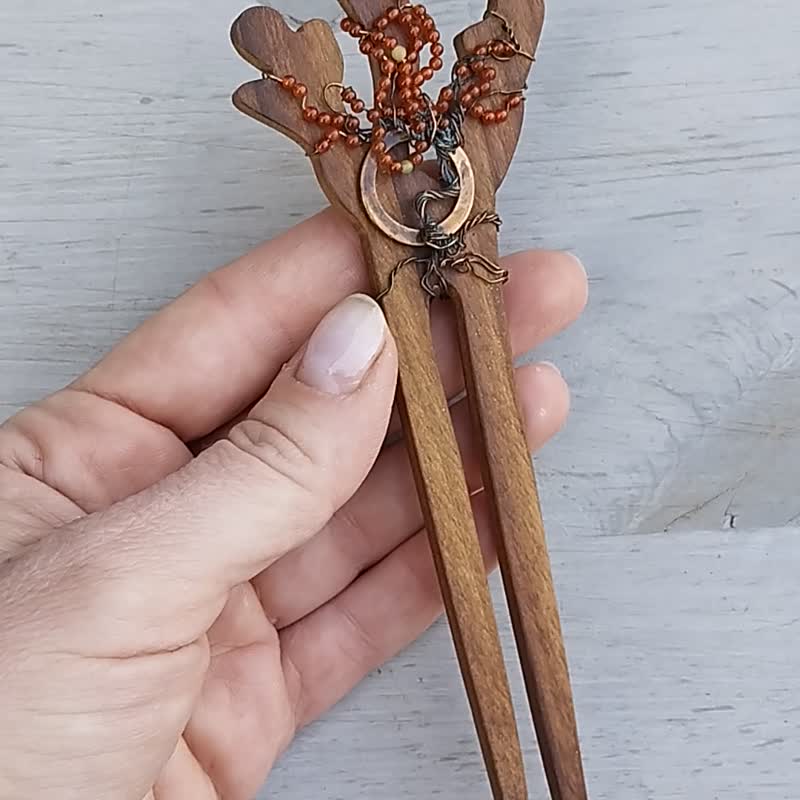 生命之树木发叉，绕线发簪 - 发饰 - 木头 