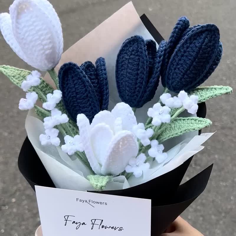针织花  午夜蓝郁金香 编织花 钩织花 针织花 毕业花束七夕 - 干燥花/捧花 - 棉 蓝色