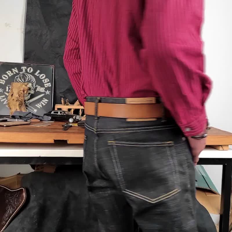 意大利植鞣革牛皮带 纯铜针扣腰带 38mm宽 男士休闲 可打洞 - 皮带/腰带 - 真皮 咖啡色