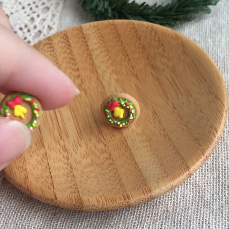 小糖霜姜饼--圣诞花圈 耳环 圣诞节 交换礼物 平贴 单支 - 耳环/耳夹 - 粘土 橘色