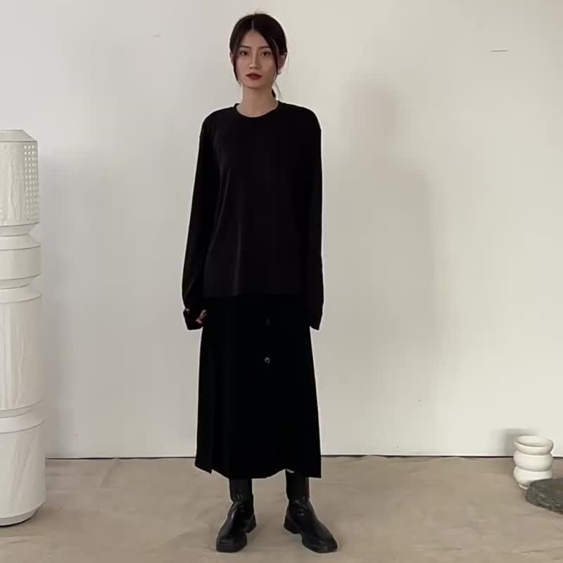 黑色 通勤百搭万能开叉纽扣半身裙 全开襟弧形腰垂感好抗皱黑科技 - 裙子 - 其他人造纤维 黑色